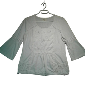 Style & Co  Women's White Cotton Blouse Bell Flared Sleeve Embroidered PM Petite
